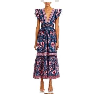 Farm Rio Ainika Charm Teal Midi Dress Floral Smocked Ruffle V-Neck NWT Size L